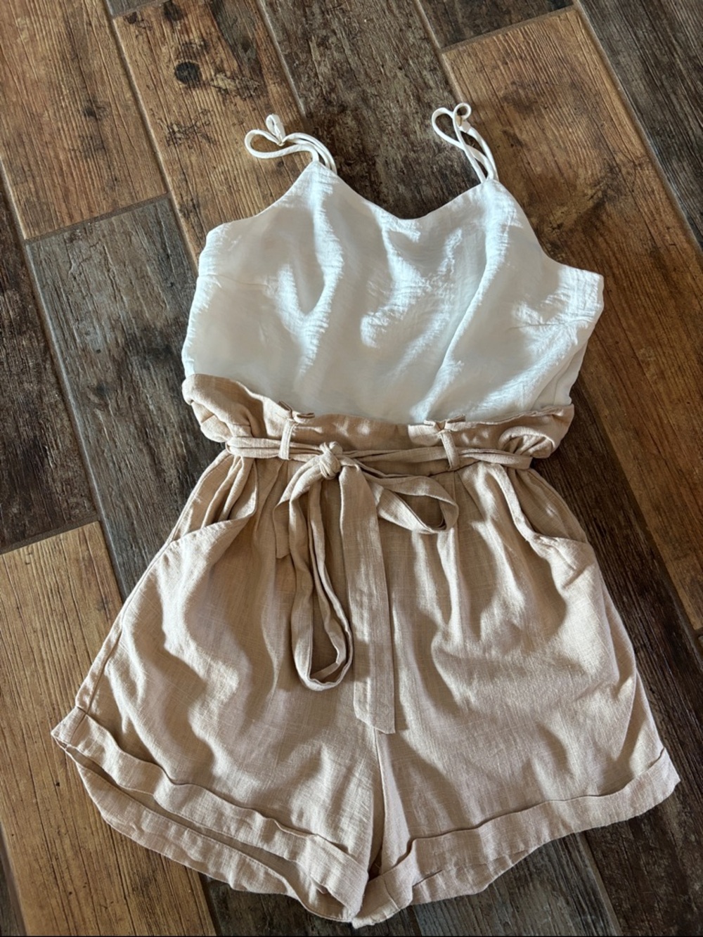 Altar’d State (Size S) Women’s Cream and Tan Linen Blend One-Piece Romper